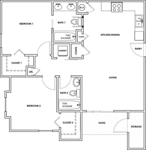 Floor plan for 2 beds, 2 baths, 861 sqft